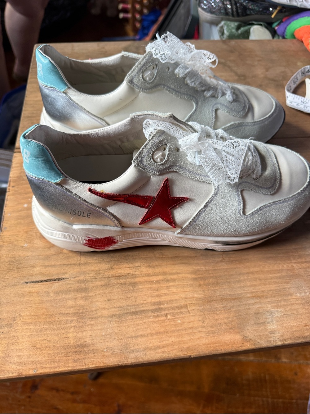 Golden Goose FAKE White & Silver Lace-Up Sneakers with Red Star Accent